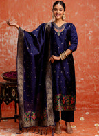Vellora Cotton Silk Blend Navy Blue Party Wear Zari Work Readymade Salwar Suit | Grocsy