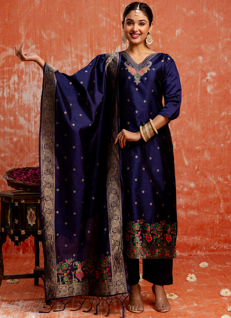 Vellora Cotton Silk Blend Navy Blue Party Wear Zari Work Readymade Salwar Suit | Grocsy