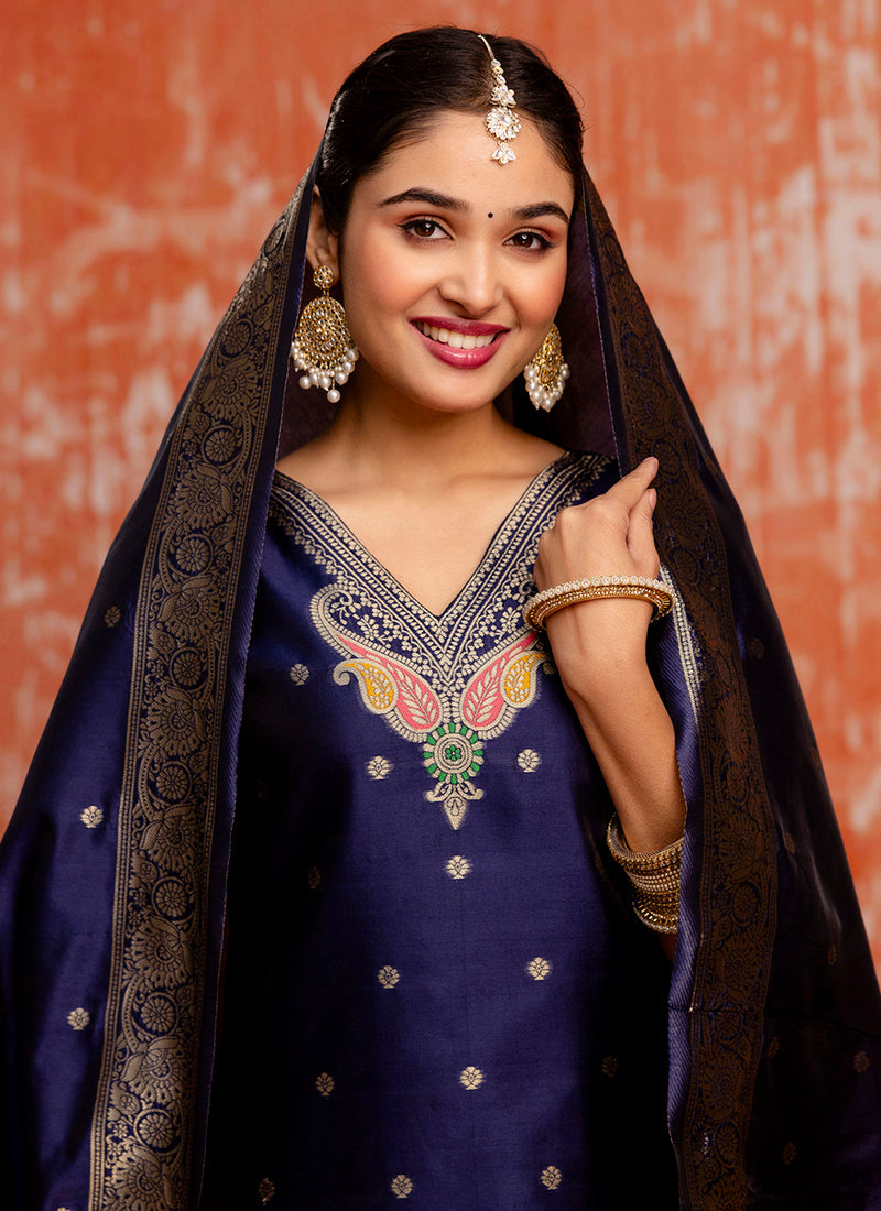 Vellora Cotton Silk Blend Navy Blue Party Wear Zari Work Readymade Salwar Suit | Grocsy