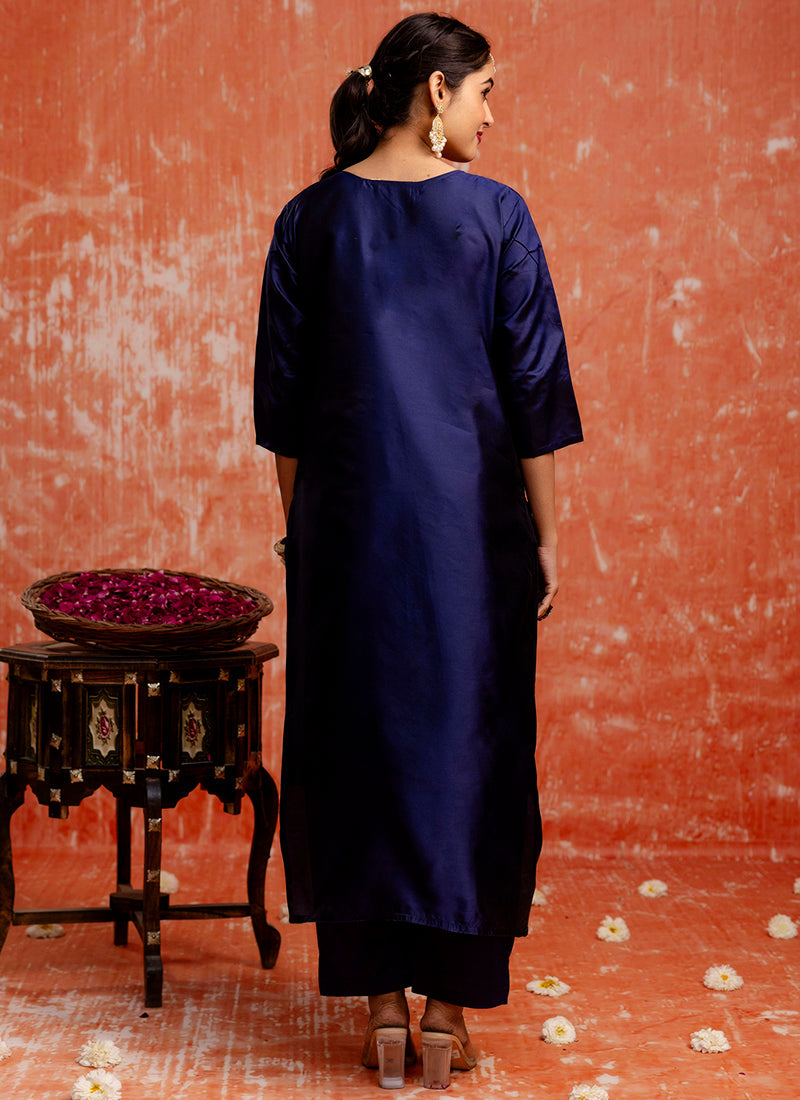 Vellora Cotton Silk Blend Navy Blue Party Wear Zari Work Readymade Salwar Suit | Grocsy