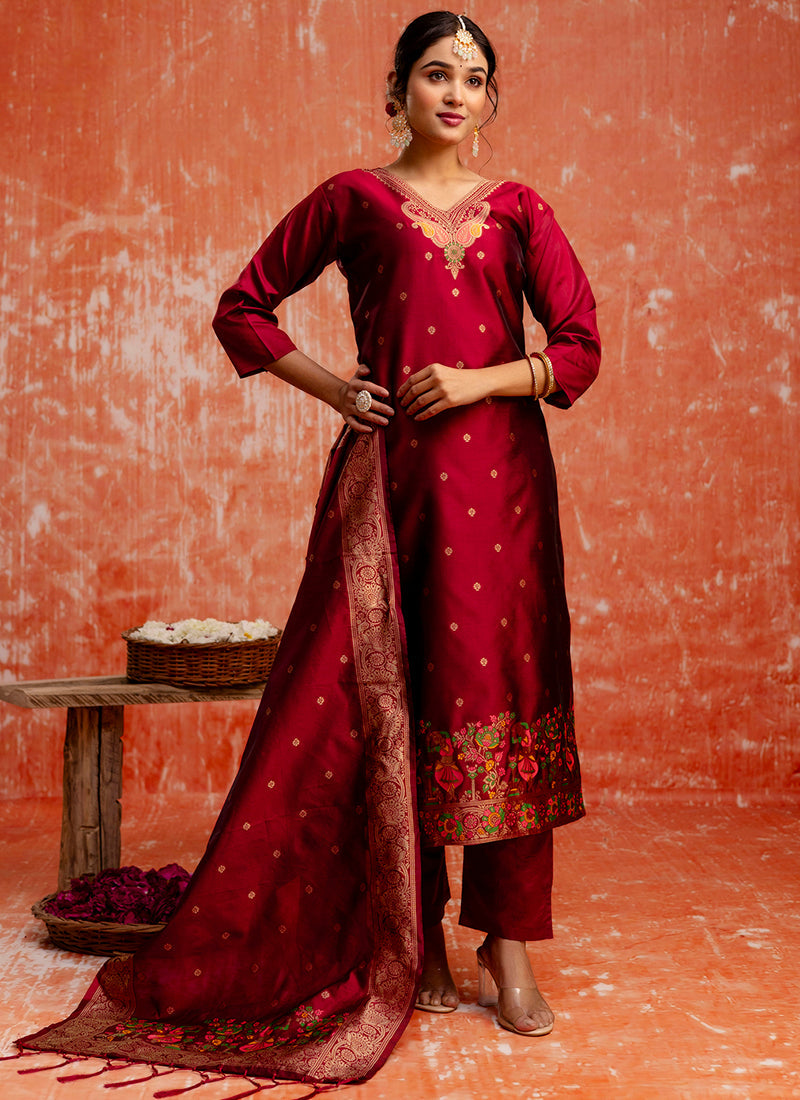 Vellora Cotton Silk Blend Red Party Wear Zari Work Readymade Salwar Suit | Grocsy