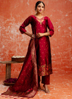 Vellora Cotton Silk Blend Red Party Wear Zari Work Readymade Salwar Suit | Grocsy