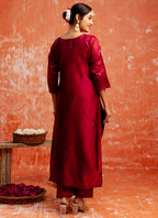 Vellora Cotton Silk Blend Red Party Wear Zari Work Readymade Salwar Suit | Grocsy