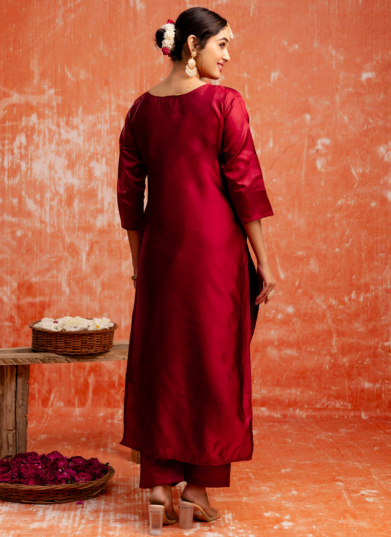 Vellora Cotton Silk Blend Red Party Wear Zari Work Readymade Salwar Suit | Grocsy