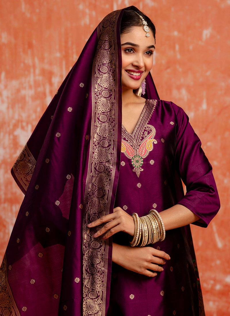 Vellora Cotton Silk Blend Wine Party Wear Zari Work Readymade Salwar Suit | Grocsy