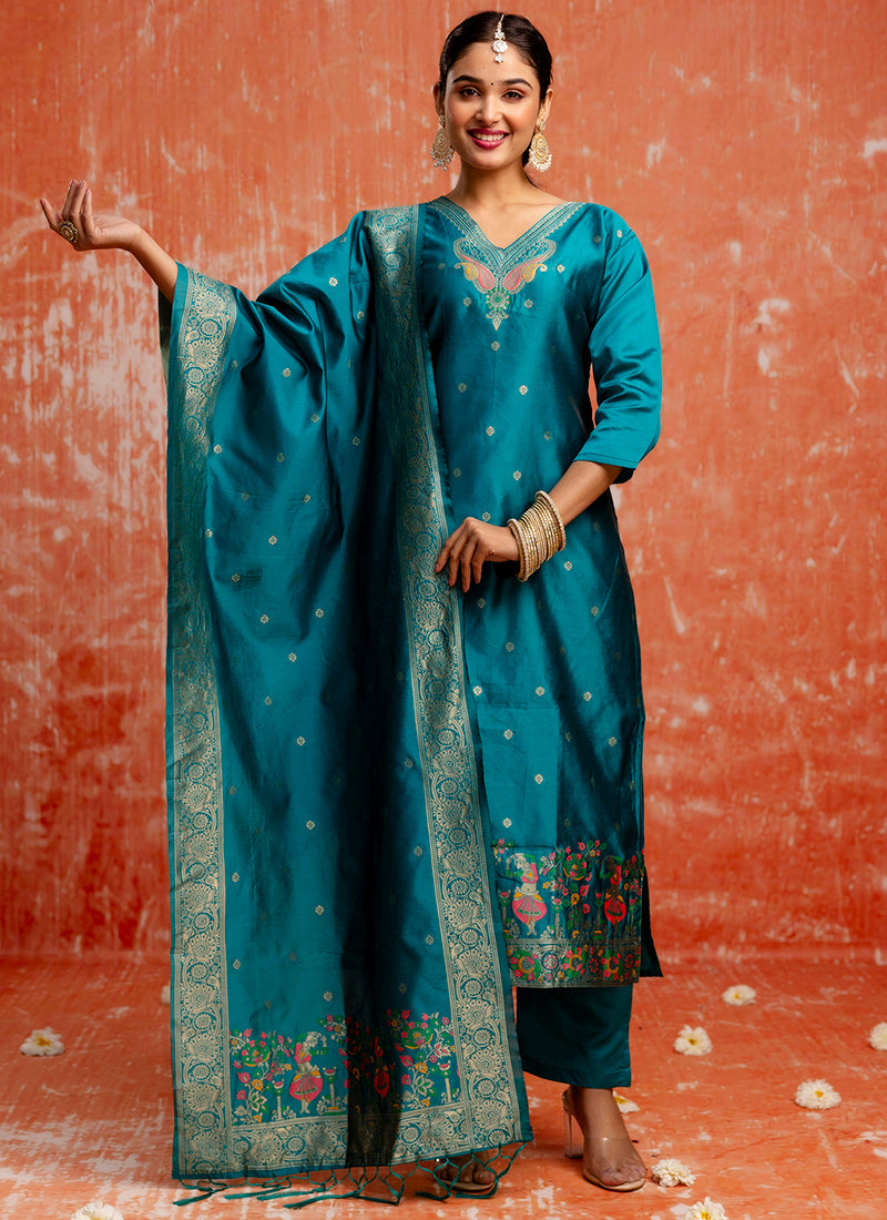 Vellora Cotton Silk Blend Rama Party Wear Zari Work Readymade Salwar Suit | Grocsy
