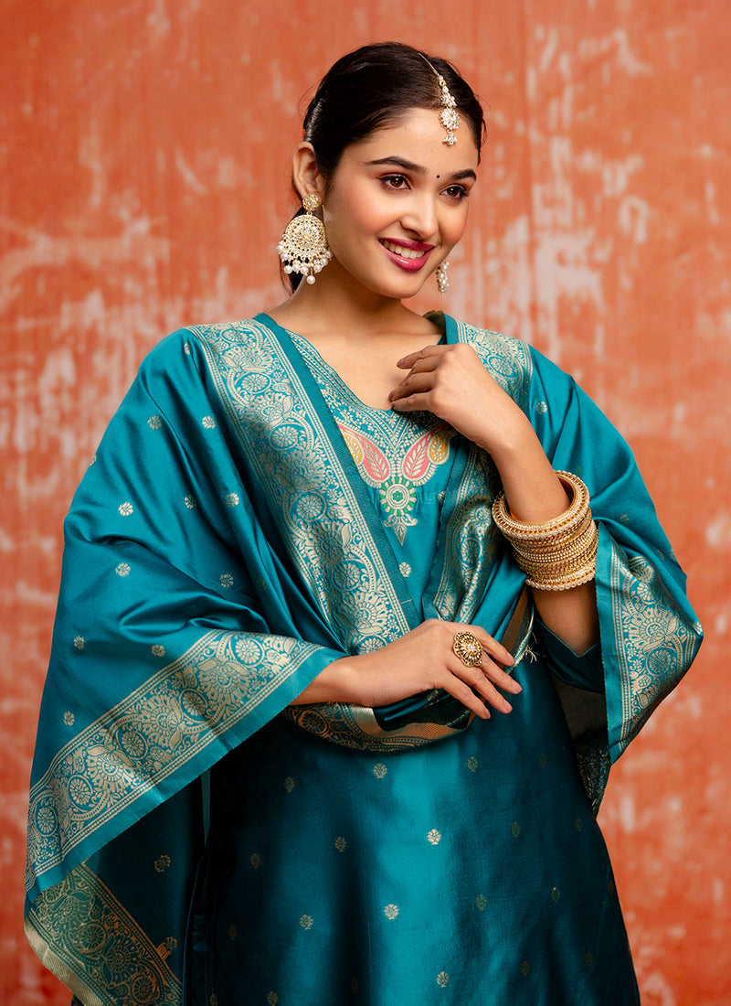 Vellora Cotton Silk Blend Rama Party Wear Zari Work Readymade Salwar Suit | Grocsy
