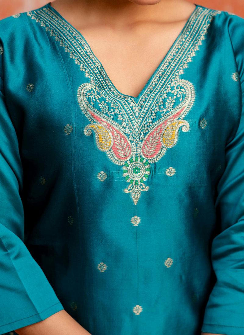 Vellora Cotton Silk Blend Rama Party Wear Zari Work Readymade Salwar Suit | Grocsy