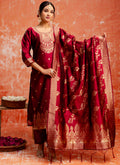 Vellora Cotton Silk Blend Red Party Wear Zari Work Readymade Salwar Suit | Grocsy