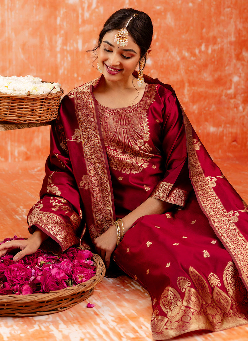 Vellora Cotton Silk Blend Red Party Wear Zari Work Readymade Salwar Suit | Grocsy