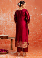 Vellora Cotton Silk Blend Red Party Wear Zari Work Readymade Salwar Suit | Grocsy