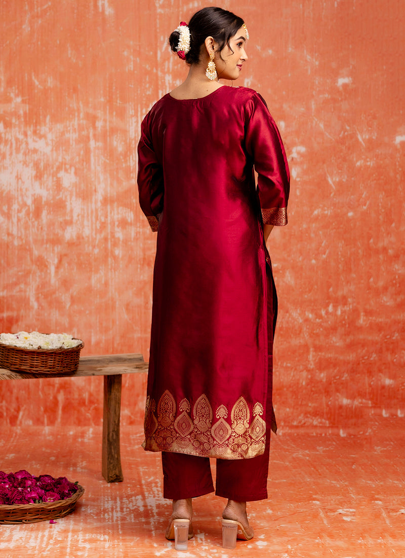 Vellora Cotton Silk Blend Red Party Wear Zari Work Readymade Salwar Suit | Grocsy