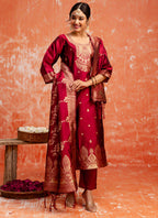 Vellora Cotton Silk Blend Red Party Wear Zari Work Readymade Salwar Suit | Grocsy