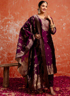 Vellora Cotton Silk Blend Wine Party Wear Zari Work Readymade Salwar Suit | Grocsy