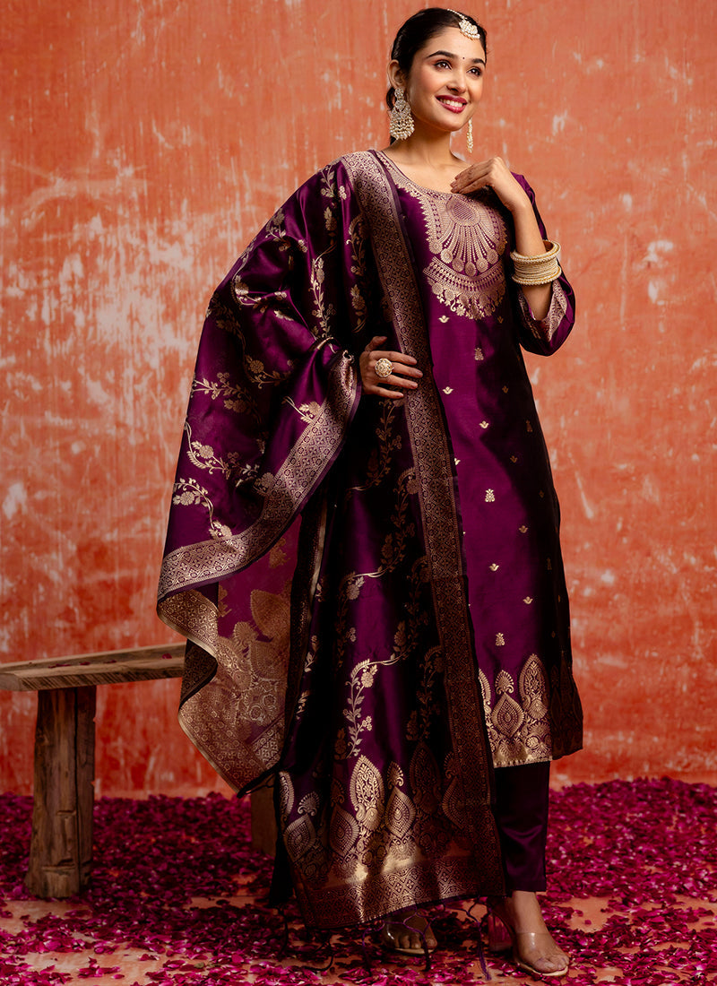 Vellora Cotton Silk Blend Wine Party Wear Zari Work Readymade Salwar Suit | Grocsy