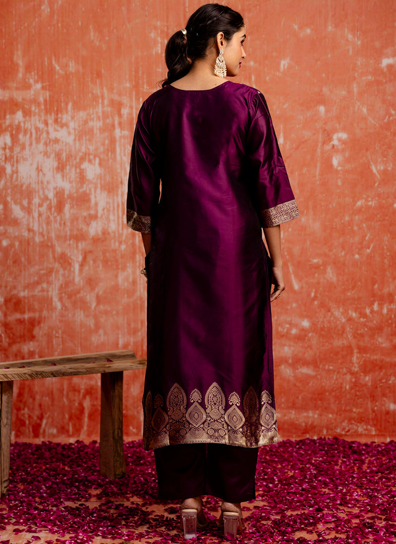 Vellora Cotton Silk Blend Wine Party Wear Zari Work Readymade Salwar Suit | Grocsy