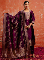 Vellora Cotton Silk Blend Wine Party Wear Zari Work Readymade Salwar Suit | Grocsy