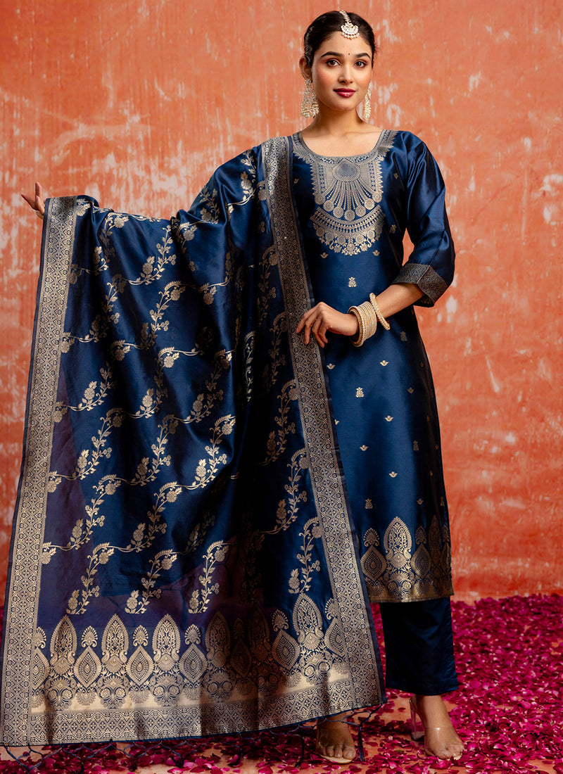 Vellora Cotton Silk Blend Navy Blue Party Wear Zari Work Readymade Salwar Suit | Grocsy