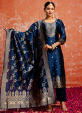 Vellora Cotton Silk Blend Navy Blue Party Wear Zari Work Readymade Salwar Suit | Grocsy