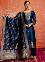 Vellora Cotton Silk Blend Navy Blue Party Wear Zari Work Readymade Salwar Suit | Grocsy
