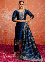 Vellora Cotton Silk Blend Navy Blue Party Wear Zari Work Readymade Salwar Suit | Grocsy