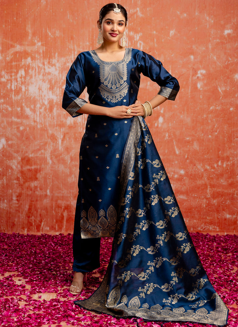 Vellora Cotton Silk Blend Navy Blue Party Wear Zari Work Readymade Salwar Suit | Grocsy