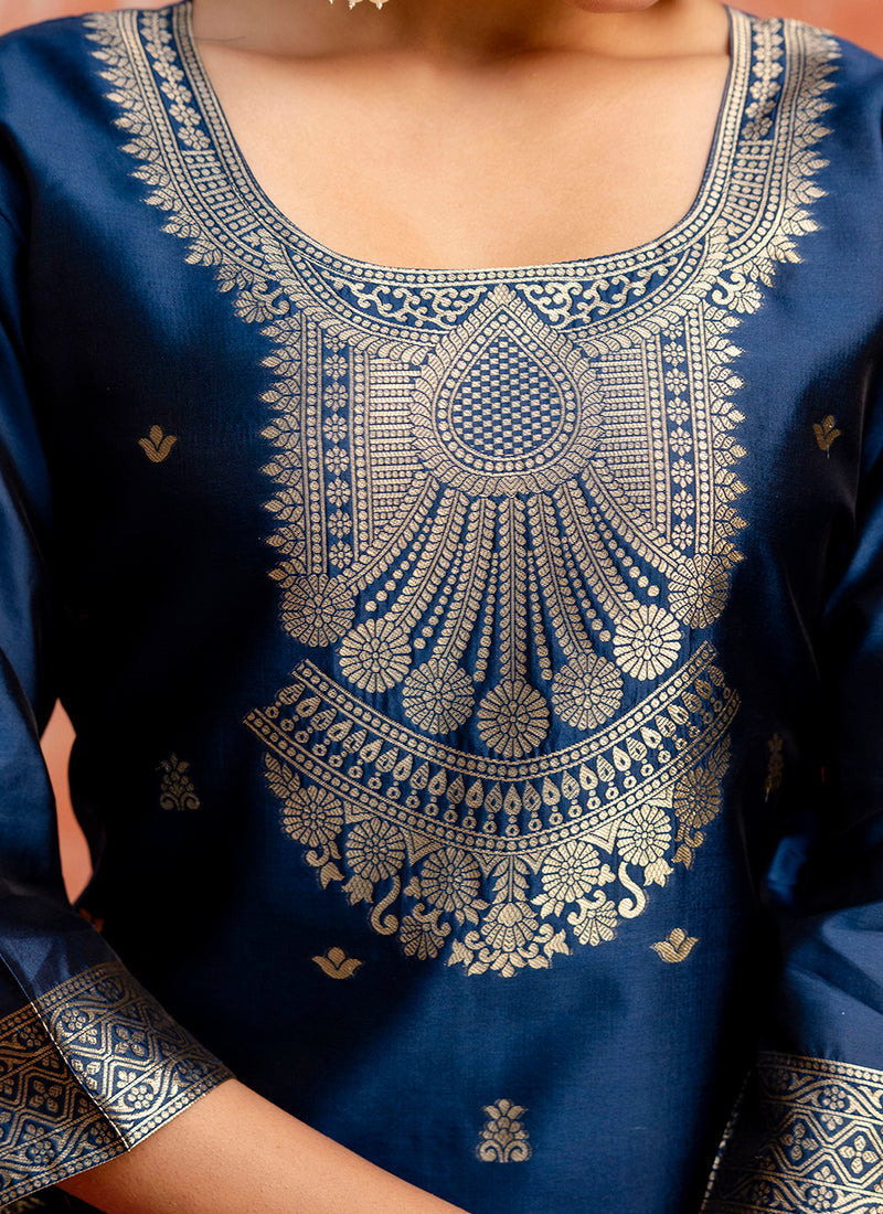 Vellora Cotton Silk Blend Navy Blue Party Wear Zari Work Readymade Salwar Suit | Grocsy