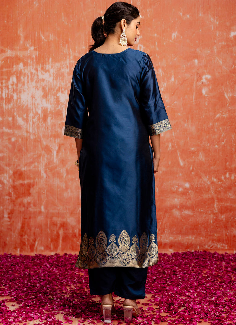 Vellora Cotton Silk Blend Navy Blue Party Wear Zari Work Readymade Salwar Suit | Grocsy