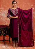 Vellora Viscose Rayon Wine Casual Wear Embroidery Work Readymade Salwar Suit | Grocsy