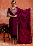 Vellora Viscose Rayon Wine Casual Wear Embroidery Work Readymade Salwar Suit | Grocsy