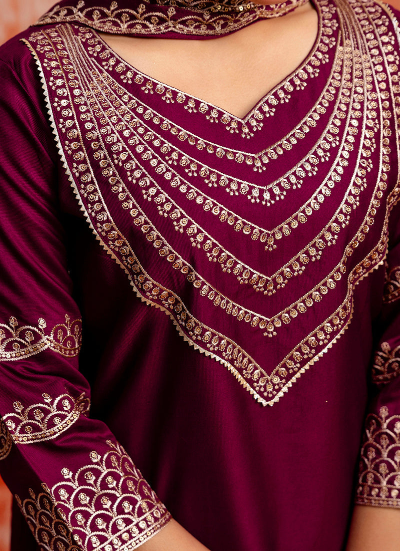 Vellora Viscose Rayon Wine Casual Wear Embroidery Work Readymade Salwar Suit | Grocsy