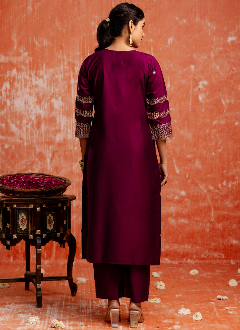 Vellora Viscose Rayon Wine Casual Wear Embroidery Work Readymade Salwar Suit | Grocsy