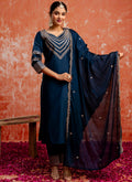 Vellora Viscose Rayon Navy Blue Casual Wear Embroidery Work Readymade Salwar Suit | Grocsy