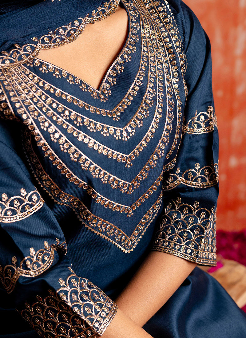 Vellora Viscose Rayon Navy Blue Casual Wear Embroidery Work Readymade Salwar Suit | Grocsy