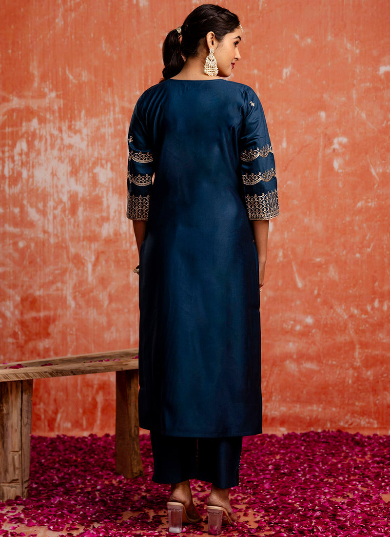 Vellora Viscose Rayon Navy Blue Casual Wear Embroidery Work Readymade Salwar Suit | Grocsy