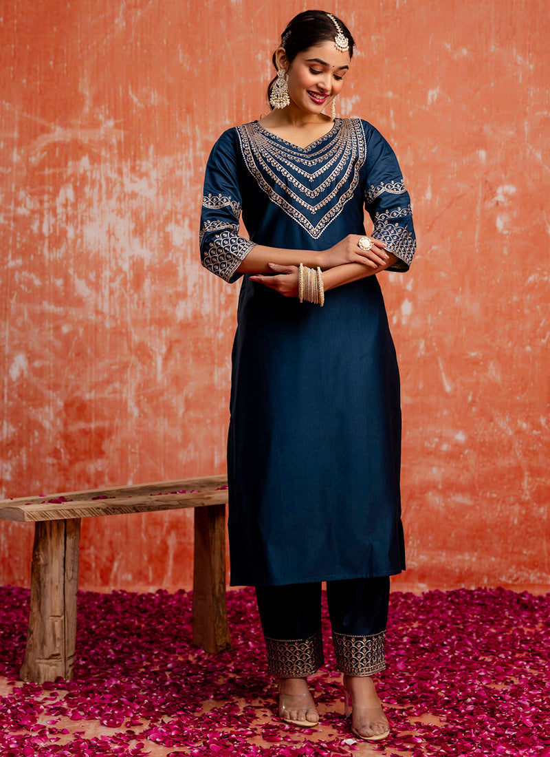 Vellora Viscose Rayon Navy Blue Casual Wear Embroidery Work Readymade Salwar Suit | Grocsy