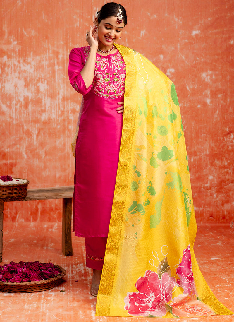 Vellora Silk Blend Rani Pink Festival Wear Embroidery Work Readymade Salwar Suit | Grocsy