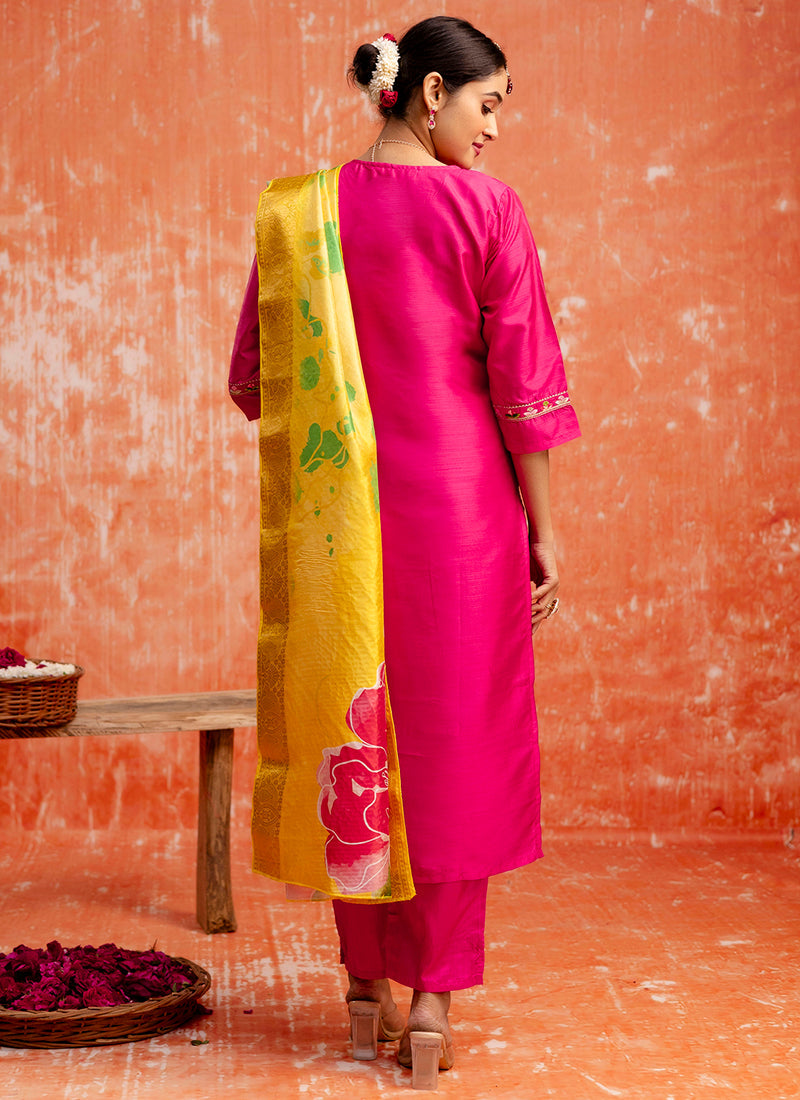 Vellora Silk Blend Rani Pink Festival Wear Embroidery Work Readymade Salwar Suit | Grocsy