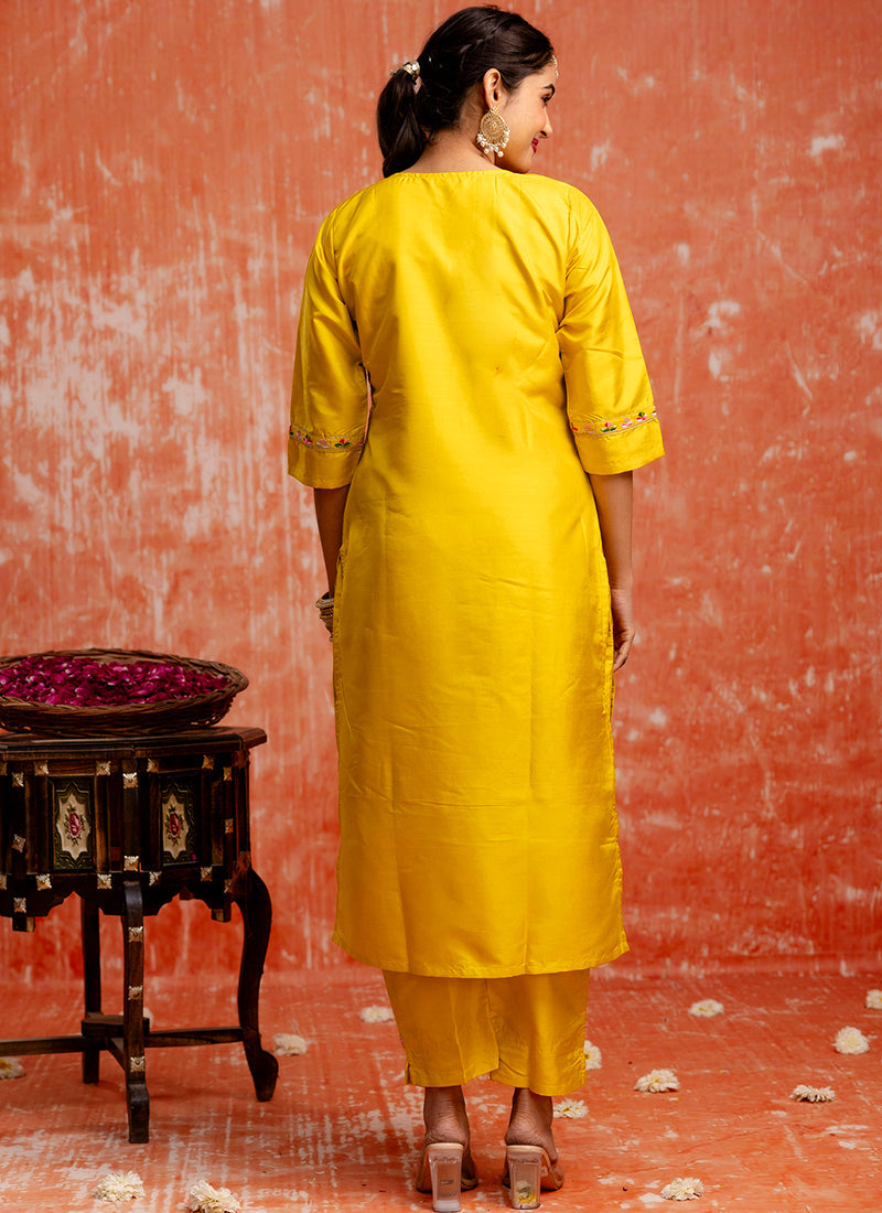Vellora Silk Blend Yellow Festival Wear Embroidery Work Readymade Salwar Suit | Grocsy