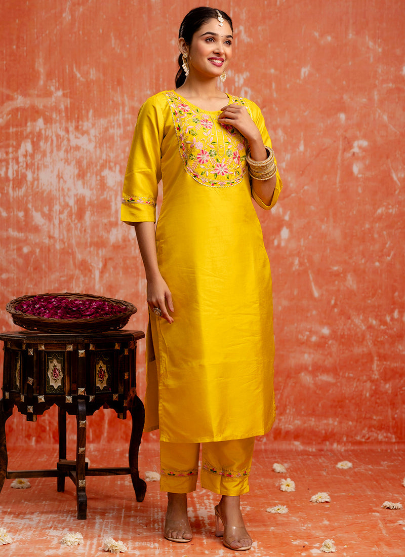 Vellora Silk Blend Yellow Festival Wear Embroidery Work Readymade Salwar Suit | Grocsy