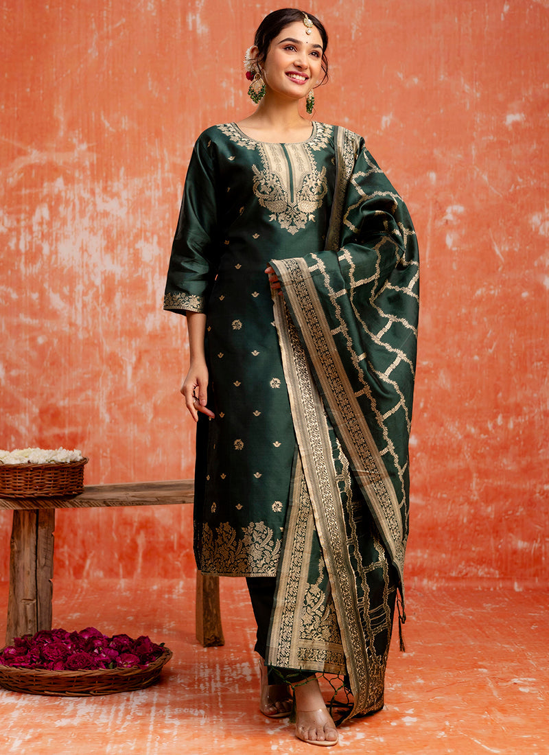 Vellora Cotton Silk Blend Dark Green Party Wear Zari Work Readymade Salwar Suit | Grocsy