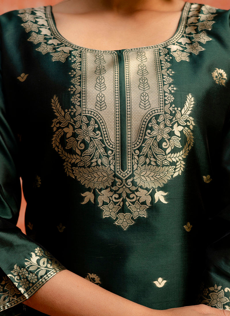 Vellora Cotton Silk Blend Dark Green Party Wear Zari Work Readymade Salwar Suit | Grocsy