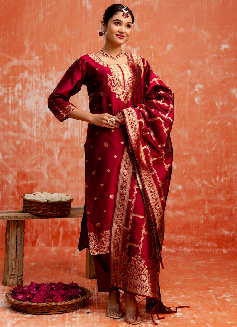 Vellora Cotton Silk Blend Red Party Wear Zari Work Readymade Salwar Suit | Grocsy