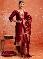 Vellora Cotton Silk Blend Red Party Wear Zari Work Readymade Salwar Suit | Grocsy