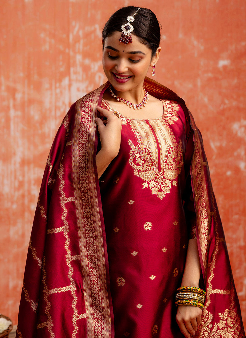 Vellora Cotton Silk Blend Red Party Wear Zari Work Readymade Salwar Suit | Grocsy