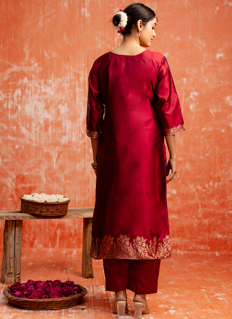 Vellora Cotton Silk Blend Red Party Wear Zari Work Readymade Salwar Suit | Grocsy