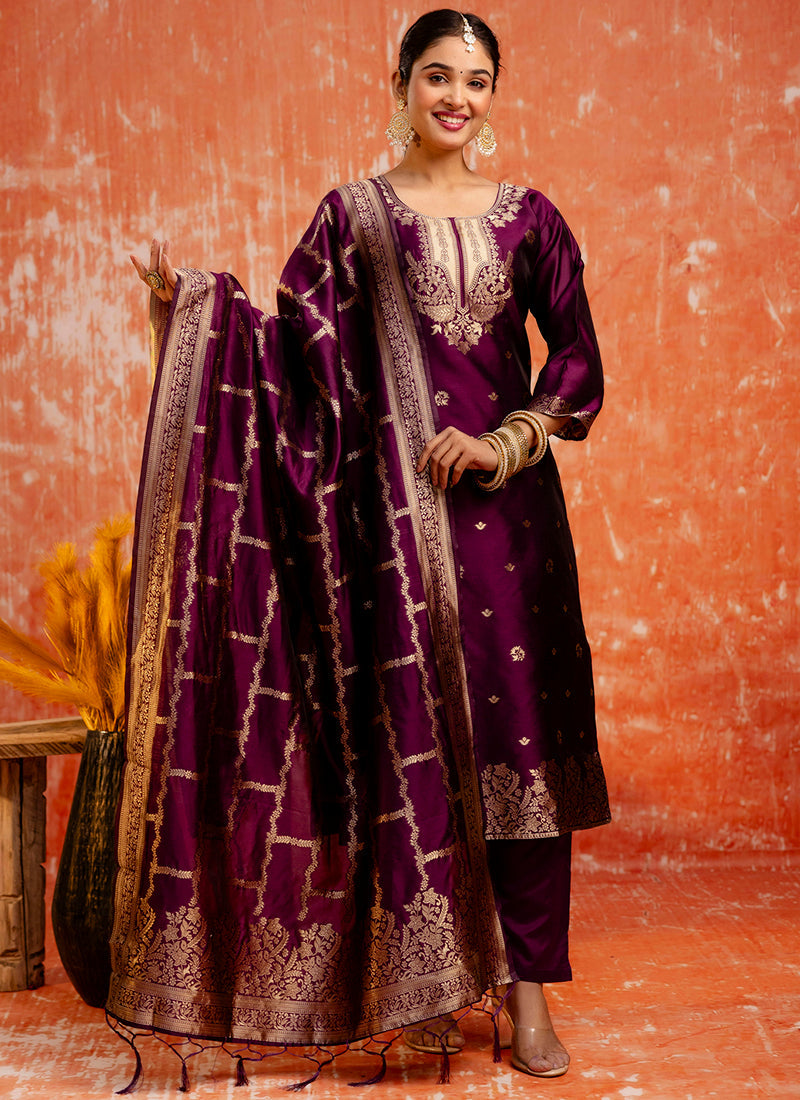 Vellora Cotton Silk Blend Wine Party Wear Zari Work Readymade Salwar Suit | Grocsy