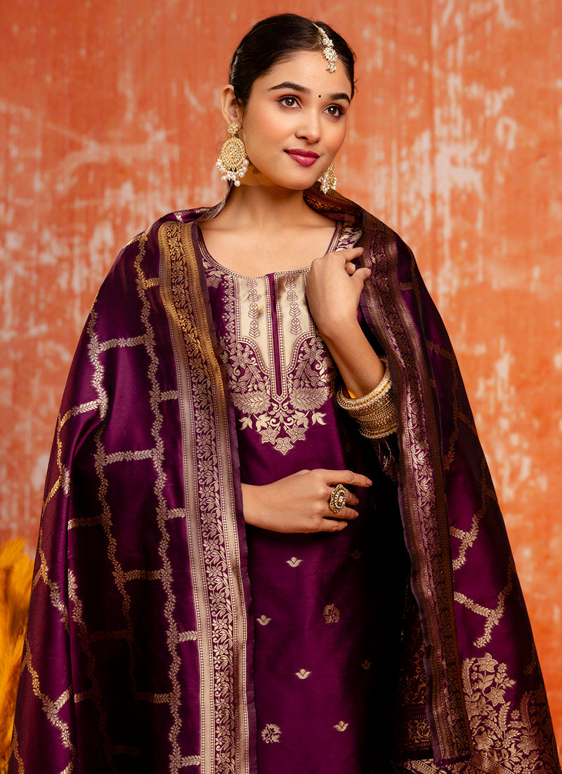 Vellora Cotton Silk Blend Wine Party Wear Zari Work Readymade Salwar Suit | Grocsy