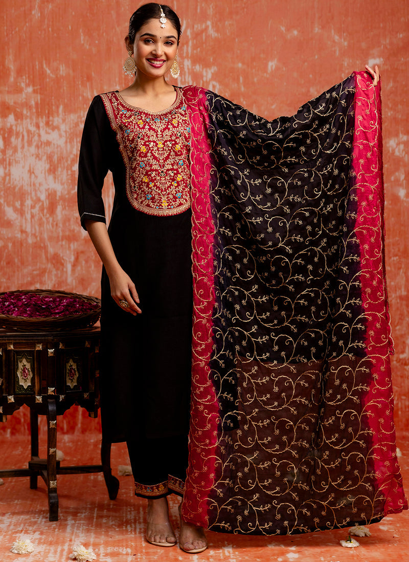 Vellora Viscose Black Party Wear Embroidery Work Readymade Salwar Suit | Grocsy