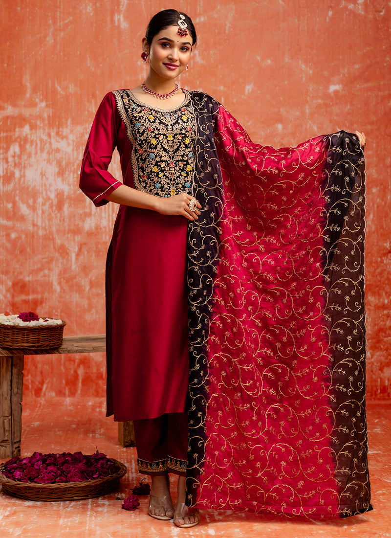 Vellora Viscose Red Party Wear Embroidery Work Readymade Salwar Suit | Grocsy